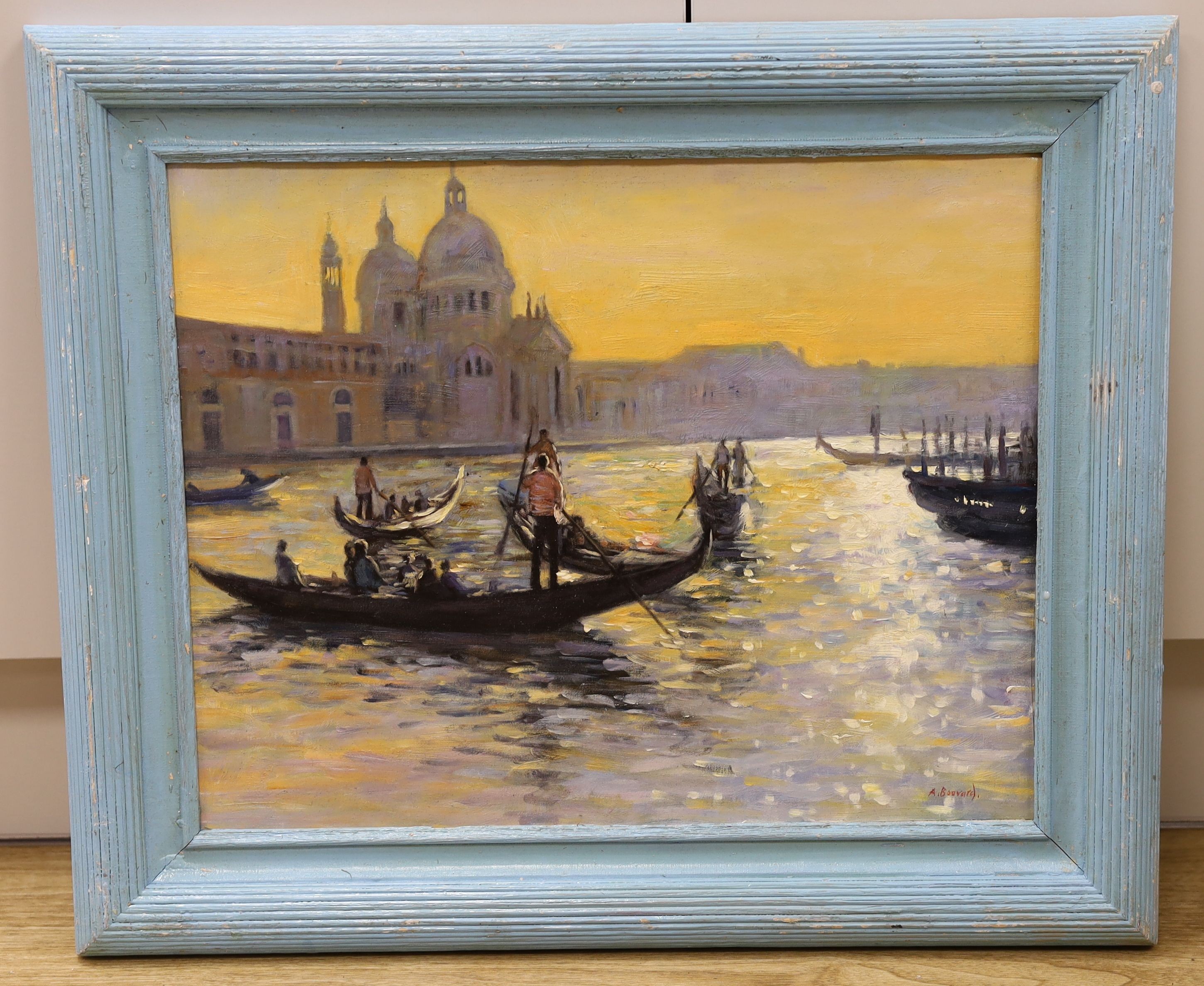 After Antoine Bouvard, oil on board, Gondoliers off Venice, bears signature, 40 x 50cm